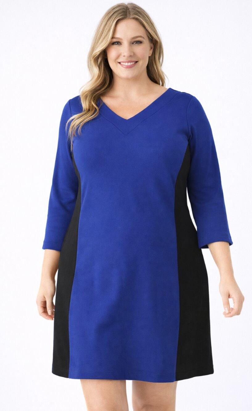 Rebel Wilson Womens Blue Black Colorblock 3/4 Sleeve Dress V Neck Size 1X NWT